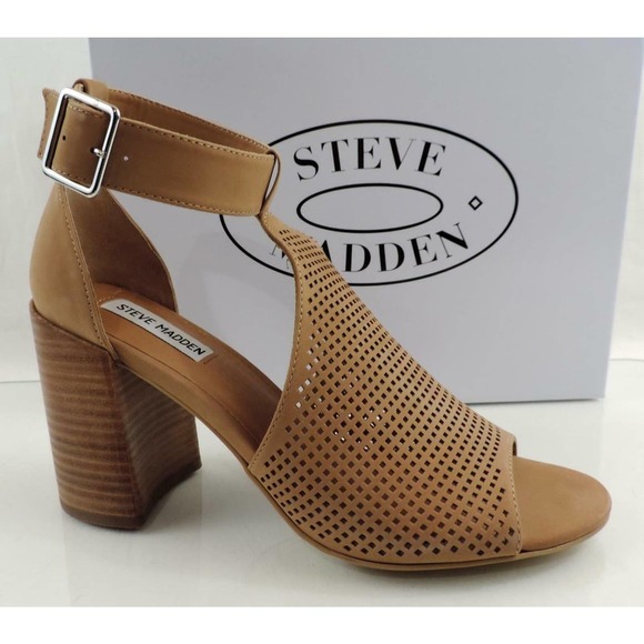 Steve Madden Sawyer Block Heel Sandals Perforated Leather Tan Nubuck Size 9.5 - Picture 3 of 7
